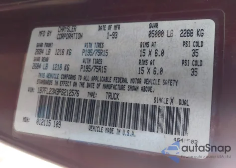 1993 Dodge Dakota из США, поврежденный, VIN 1B7FL23X9PS212576